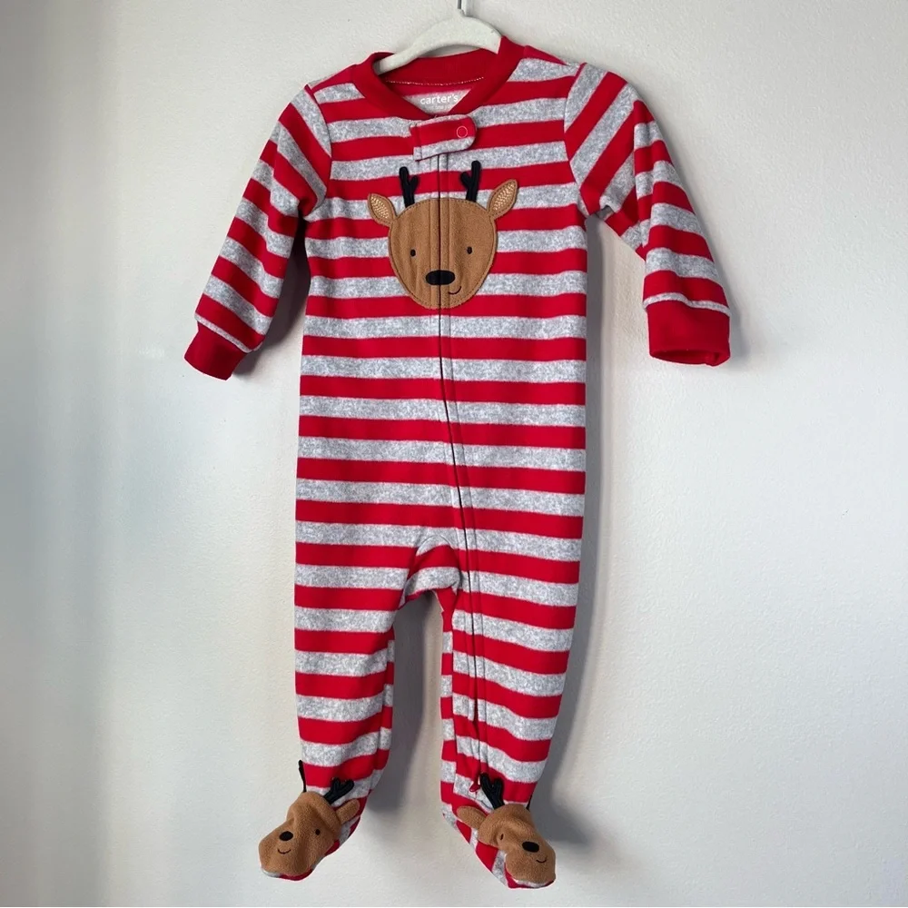 Carter's Baby 6M Red & Gray Striped Fleece Footie Cute Reindeer Feet Holiday